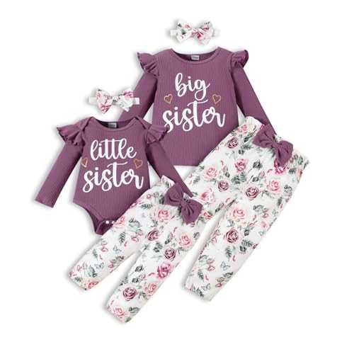 Big Sister Little Sister Matching Outfits Rib Knit Romper/Shirt Floral Pants Toddler Baby Girl Clothes
