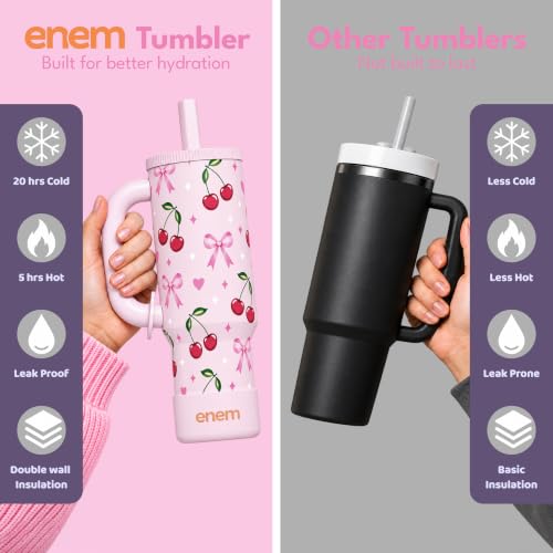 Image of enem Cherry Blossom Plugged Straw Tumbler with Handle, Stainless Steel Large Travel Mug Water Cup, Mug Travel with 1 Metal Ice Cube, 1 Copper Spring (Tamba) & Base Protector, 1.2L
