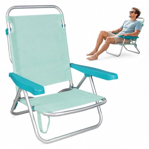 JUGATOYS - Silla Playa Plegable multiposición - con reposacabezas, Almohadilla y Bolso Lateral - Estructura de Aluminio Ligera y Tela Transpirable (Azul Agua Marina)