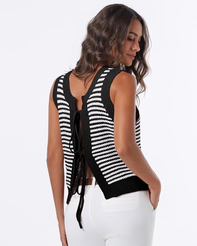 Tanou Sweater Vest for Women Casual Sleeveless Crew Neck Tie Crochet Color Block Vest Summer Knitted Tank Tops3