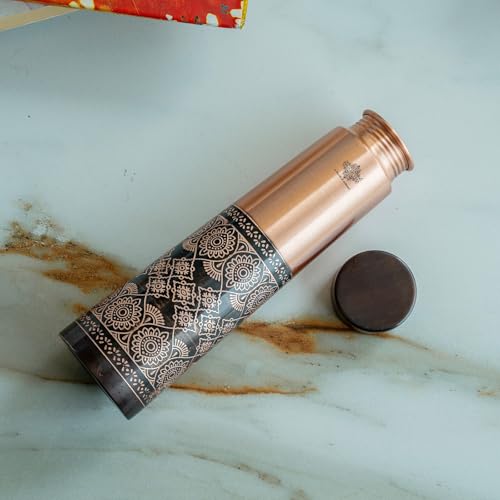 Image of INDIAN ART VILLA Pure Copper Antique Dark Embossed Design Bottle, 800 ML Capacity, Ayurvedic Health Benefits, Stylish Traditional Drinkware for Home, Office, Gym, Travel & Gifting