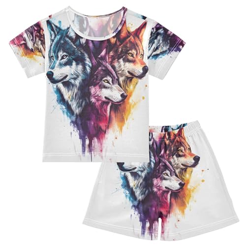 ALAZA Wolf Watercolor Stylish Pajamas Set Short Sleeve Cotton Sleepwear Summer Pjs 2 Piece 5-14Y