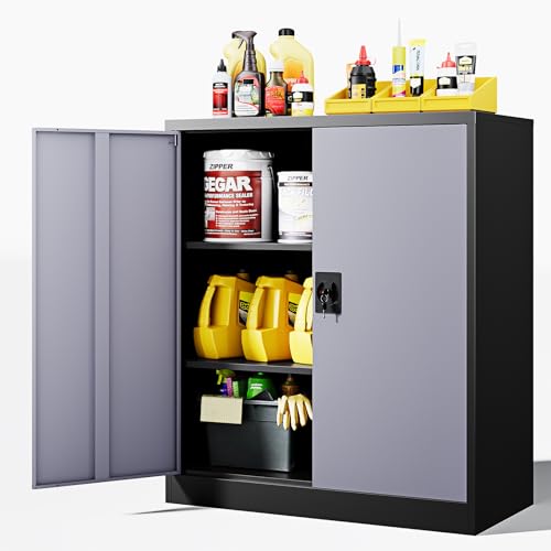 Image of Letaya Metal Storage Cabinets with Lock Door,2 Adjustable Shelves Organizer Steel Storage Cabinets for Home,Office,Warehouse,Garage,Employee Lockers(Black Gray)