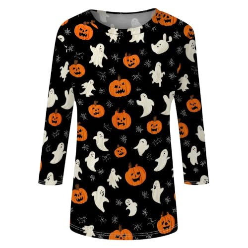 Image of Women Spooky Halloween Graphic Shirt 3 /4 Length Sleeve Crewneck Top | Halloween Funny Printed Pumpkin Plus Size Tshirts 2026 Fall Outfits Skeleton Tee Going Out Tops