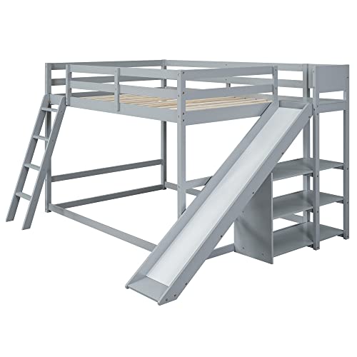 Image of Bellemave Bunk beds Full Over Full Size Slide and Stair, Low bunk Bed for Kids,Grey