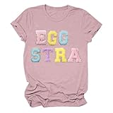 AMDOLE Camiseta de Pascua para mujer, con cuello redondo, estampado de letras STRA de huevo, camiseta de Pascua para mujer, oro rosa, S