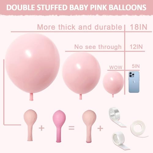 Image of Pastel Light Pink Balloons Double Stuffed Pink Balloon Garland Arch Kit Different Sizes 18 /12 /5 Inch For Birthday Baby Shower Gender Reveal Bridal Party Decorations