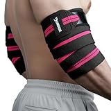 DMoose Fitness Elbow Wraps for Weightlifting (Pair) - 40'' Adjustable Elbow Strap for Gym Workout & Bench Press, Compression Elbow Wraps for Tendonitis & Joint Support, Elbow Sleeve (Pink Stripes)