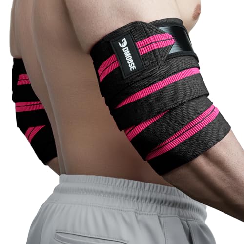 DMoose Fitness Elbow Wraps for Weightlifting (Pair) - 40'' Adjustable Elbow Strap for Gym Workout & Bench Press, Compression Elbow Wraps for Tendonitis & Joint Support, Elbow Sleeve (Pink Stripes)