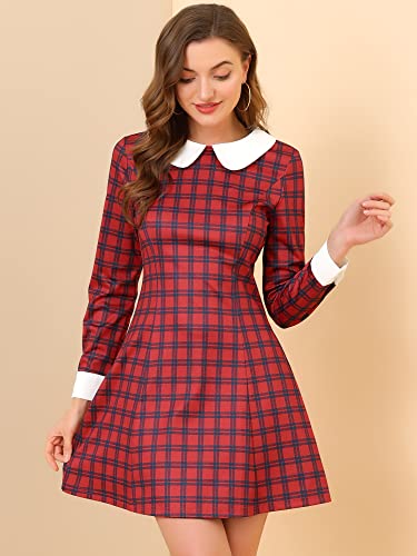 Allegra K Women's Christmas Peter Pan Collar Long Sleeve Mini Plaid Tartan Dress4