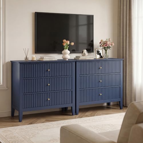 RoyalCraft 32" Large Nightstand Set of 2, Fluted Painted Bedside Table with 3 Spacious Drawers, Modern Tall End Table for Bedroom, Blue by RoyalCraft - Image 8