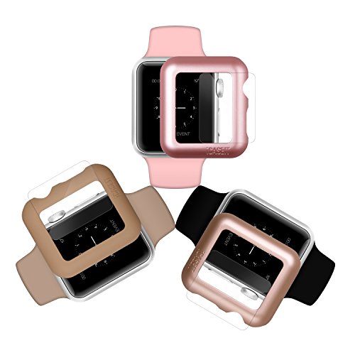 iCASEIT Apple Watch Case Screen Protector 38mm (Pack of 3) - Bumper Case with Screen Protector for Full Protection for Apple Watch 38 mm - Gold Rose Gold & Walnut