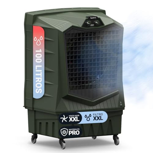 AirForce100 Climatizador Evaporativo Industrial, 100L, Portátil con Ruedas, Naves Industriales y Grandes Espacios, Caudal de aire de 13.000 m³/h, 325W, Más potencia con Menos consumo, Cobertura 100m²