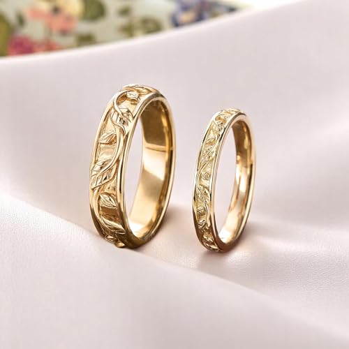 Leaf Design Couple Rings Set, 2-Piece His & Hers Wedding Bands in Solid Yellow Gold, Natural Leaf Engagement Ring Set for Women and Men, Matching Bridal Jewelry Gift2