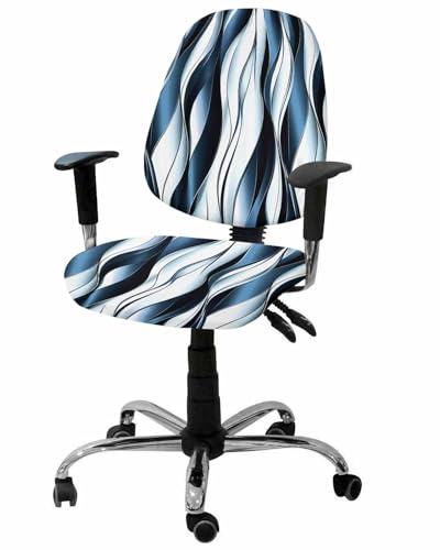 Haze Blue Striped 2 Pieces Computer Office Chair Covers Set,Stretchable Desk Rotating Chair Seat Cushion Slipcover Back Covers,Modern Minimalism Abstract Ombre Line Slipcover Back Cover Protector