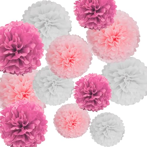 Image of YESON Pink Paper Pom Poms. Tissue Paper Flowers. Hanging Paper Flowers Decorations. Pack of 12. For Wedding, Birthday, Party Decor. 12 inch, 10 inch, 8 inch.
