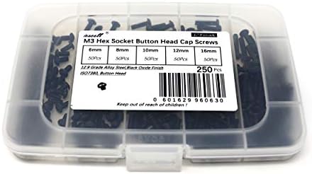 iexcell 250 Pcs M3 x 6/8/10/12/16 Alloy Steel 12.9 Grade SCM435 High Tensile Hex Socket Button Head Cap Screws Bolts Assortment Kit