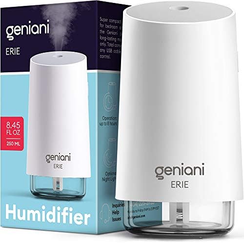 GENIANI Portable Small Cool Mist Humidifiers 250ML - USB Desktop Humidifier for Plants, Office, Car, Baby Room with Auto Shut Off & Night Light - Quiet Mini Humidifier (White)