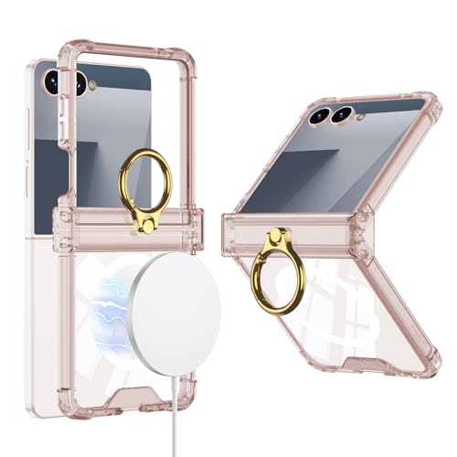 Omio for Galaxy Z Flip 7 Case Clear with Hinge Protection & Ring Stand Compatible with MagSafe, Slim Magnetic Protective Case Soft TPU Bumper Shockproof Kickstand Cover for Women Girls, Pink by Omio - Used condition - US$6.02