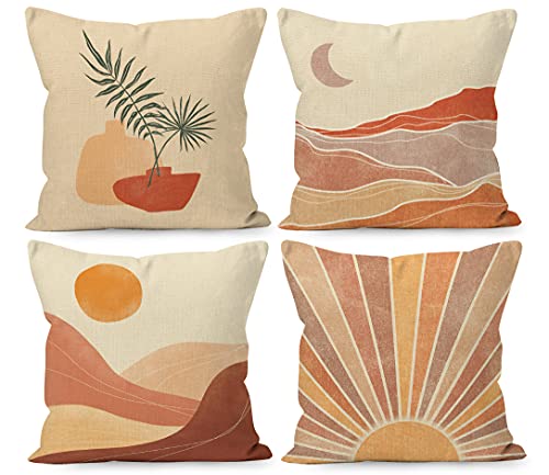 Yueshare Boho Modern Sun Sunset Sunrise Mountain Desert Landscape Plant Linen Throw Pillow Cover 18 X 18 Inch Set Of 4, Boho Nature Gifts For Home Room Bedroom Decor #TOP21