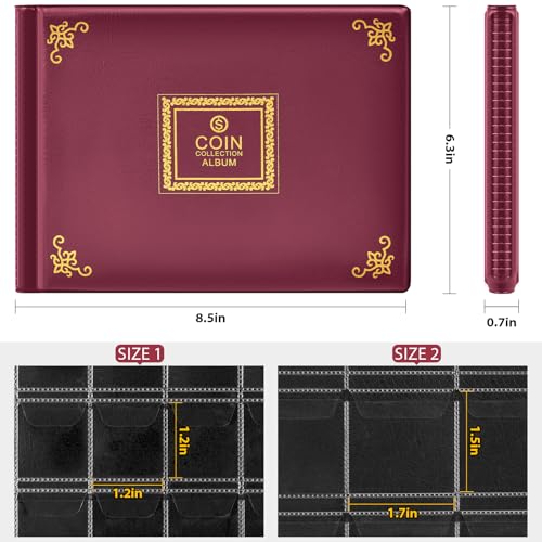 Aptbyte Coin Collection Supplies Holder Book for Collectors, 300 Pockets Coin Collection Organizer Storage Box Case Album for 20/25/ 27/30/ 38mm Coins (Vintage pattern burgundy) - Thumbnail 5
