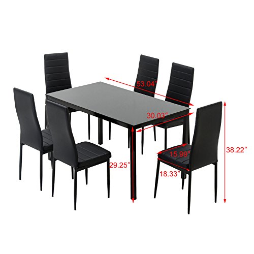 mecor 7-Piece Glass Kitchen Dining Table Set, Glass Top Table with 6 Faux Leather Chairs Breakfast Furniture,Black