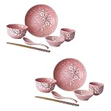 GARVALON Vajilla Japonés de Cerámica Delicada para Persona Color Rosa Incluye Cuencos Platos Tazas Cucharas Palillos Resistente y Versátil para Arroz Ensaladas y Postres