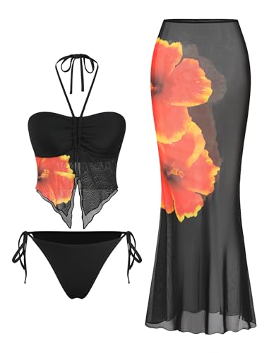 Image of ZAFUL Women 3 Piece Bikini with Cover Up Skirt Halter Bandeau Swimsuit Floral Tie Side Cheeky Bathing Suit