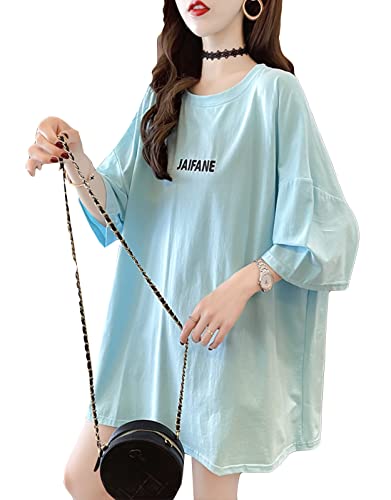 [MMTYRM] 半袖 tシャツ レディース ゆったり 夏服 カットソー クルーネック トップス ロングt ビックシルエット 5分袖 ティーシャツ おしゃれ tシャツ オーバーサイズ 熊柄 レディース 大きいサイズ 半袖tシャツブルーM