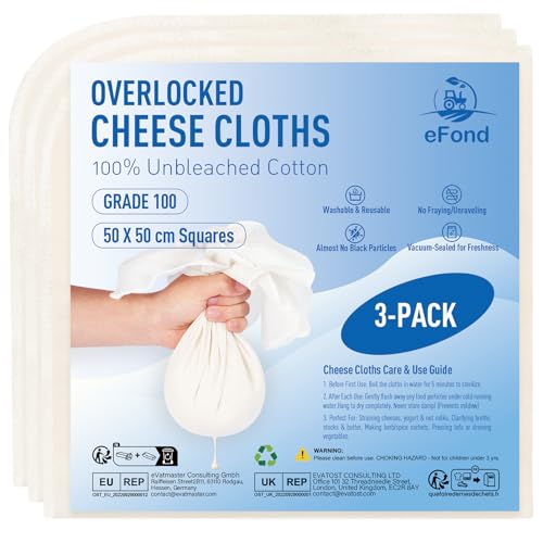eFond Cheesecloth 50x50cm Squares with Overlocked Edges Grade 100 Ultra Fine Mesh Cheese Cloths for Straining Butter Nut Milk Yogurt Reusable Muslin Cloths for Cooking Roasting Turkey (3-Pack)