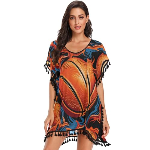 Blue Fire Basketball Art Women's Beach Cover Up Chiffon Tassel Swimwear Swimsuit Coverups for Girl