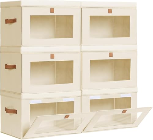 6個セット 押し入れ収納ボックス ふた付き 衣類収納ケース 大容量35L 折りたたみ おしゃれ布製 クローゼット衣装ケース マジックテープ式 前開き透明窓&取っ手付き tシャツ/洋服/カバン/下着収納 (6)