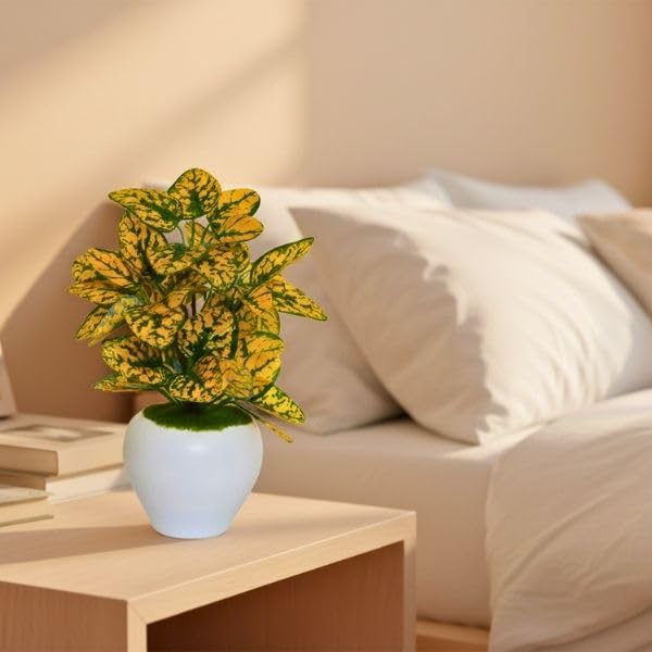 Image of fancymart Artificial Plant Leaves in Apple Pot (30 cm Height) | Small Potted Plant for Office Desk | Home Decor for Living Room | Cafe & Restaurant Table Decoration