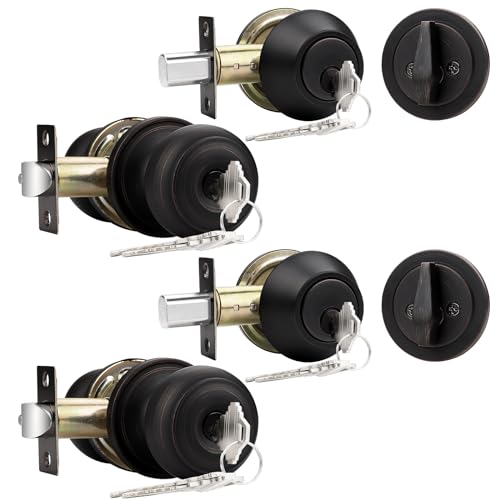 Probrico Keyed Alike Entry Door Knob and Single Cylinder Deadbolt Lockset, Front Door Knob with Key and Deadbolt, Oil Rubbed Bronze, 2 Pack