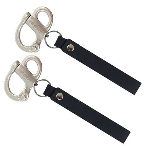 OUBULU SCBA Mask Quick Release Shackle with Leather Handle for Firefighter, Marine Grade 316 Stainless Steel Fixed Snap Shackle Lanyard (Black 2Pack)