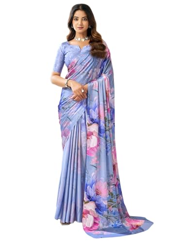 Image of Satrani Women's Satin Digital Printed Saree with Unstitched Blouse Piece
