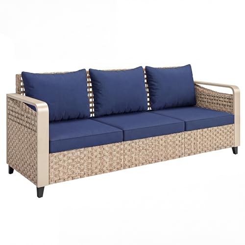 Outsunny Outdoor Patio Couch with Wide and Deep Seat, 3 Seater Wicker Outdoor Sofa with Wide Metal Armrests, Patio Furniture Couch with Cushions for Porch, Garden, Backyard, Dark Blue