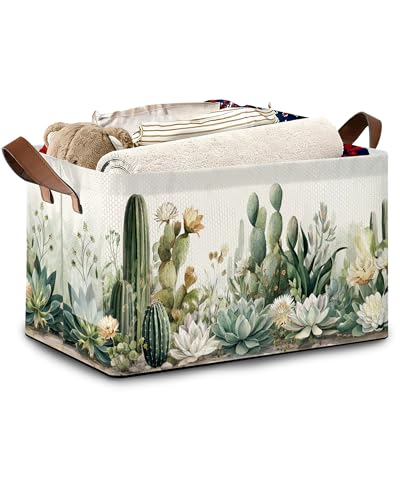 Masarua Cactus Succulent Collapsible Storage Box,Tropical Plants Organizer Bin with Handles for Room Decoration,Bins Book Basket Box 17x11.5x10Inch