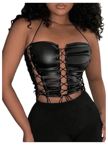 WDIRARA Women's PU Leather Lace Up Halter Top Sleeveless Tie Backless Crop Tops Party Clubwear
