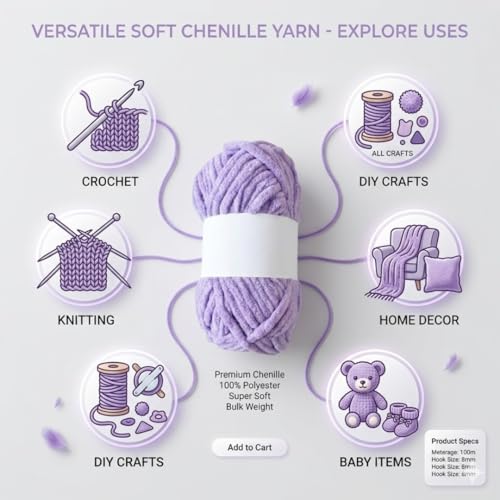 Image of Soft Chenille Yarn 100 gm Soft Velvet Wool Oon for Crochet Knitting DIY Craft Multipurpose Yarn Ball for Blanket Scarf Cushion Making (Purple) (Pastel Purple)