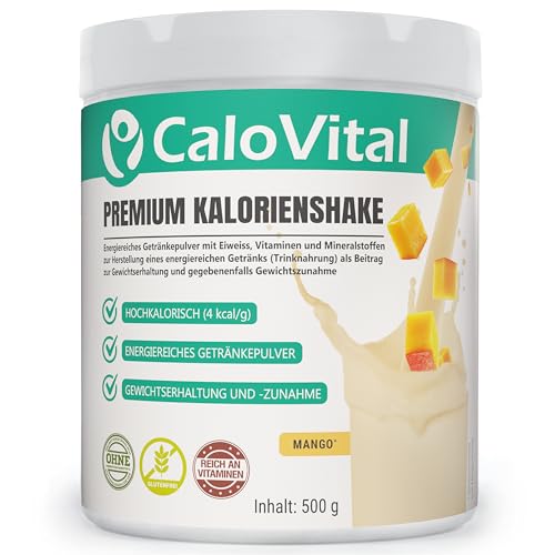CaloVital Hochkalorische Trinknahrung für gezielte Gewichtszunahme & Energiezufuhr | Hochdosiert mit vielen Vitaminen + Mineralstoffen + Eiweiß | Kalorien Shake zum Zunehmen (500 g, Mango 500g)