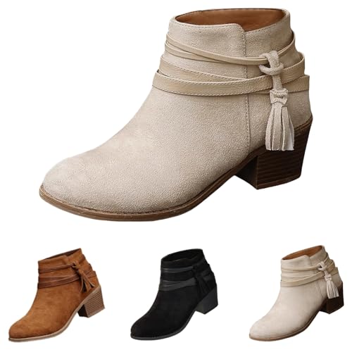 MJGkhiy Botas Texanas Mujer Bajas Chelsea Bota Ante Invierno Camperos Botines Con Tacón Bloque Marrones Western Botín con Cremallera Negro Cowboy Boots Ankle, Color blanco., 39 EU