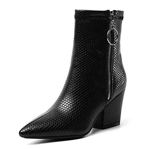 bAIWaNG Stiefeletten mit klobigem Absatz, Damen-Spitze, High-Heel, Metall, seitlicher Reißverschluss, kurze Stiefel, Schlangenleder-Muster, PU-Stiefel, schwarz, 43 EU Cover