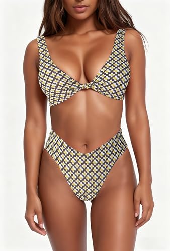 Image of geluboao Bikini Set for Women Solid V Neck Knot Front Push Up High Leg Thong Two Piece Swimsuit