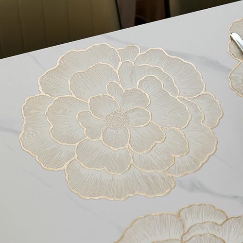 ANAZOZ Manteles Individuales de Mesa de 4,Mantel PVC Individual 38 CM,Color Sólido con Patrón de Flor Manteles Individuales Antimanchas Oro