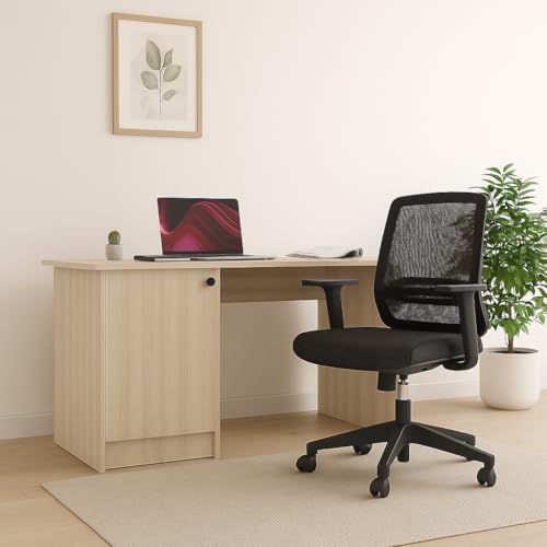 Image of 55*120*75 CM Engineered Wood Office Desk with Closed Cabinet & Storage Shelves for Storing Books, Stationery | Tabloft Executive Table for Office | 1 Year Warranty- Moldau Acacia Light
