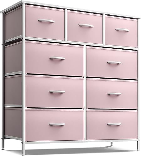 Image of Sorbus Dresser with 9 Drawers - Furniture Storage Chest Tower Unit for Bedroom, Hallway, Closet, Office Organization - Steel Frame, Wood Top, Fabric Bins (Solid Pink, Solid)