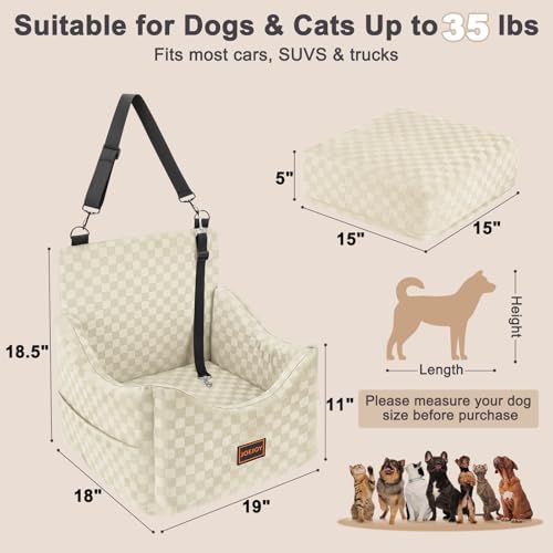 Image of JOEJOY Elevated Dog Car Seat for Small /Medium Dogs up to 35 lbs, Memory Foam Booster Seat with Detachable Washable Cover, Travel-Safe Car Bed with Safety Belts & Storage Pockets, Beige