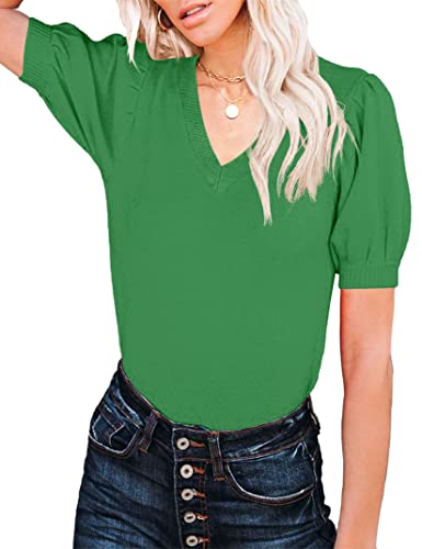 Image of Womens Puff Short Sleeve Sweater Tops Crewneck Basic Knit Pullover Lightweight Solid Casual Sweaters