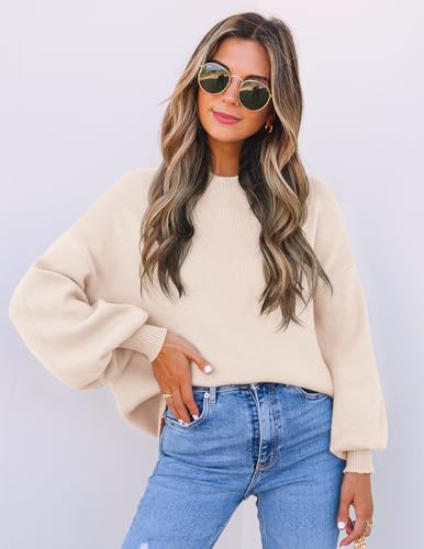 ZESICA Women's Casual Turtleneck Long Lantern Sleeve Fall 2025 Oversized Ribbed Knit Pullover Sweater Jumper Top2